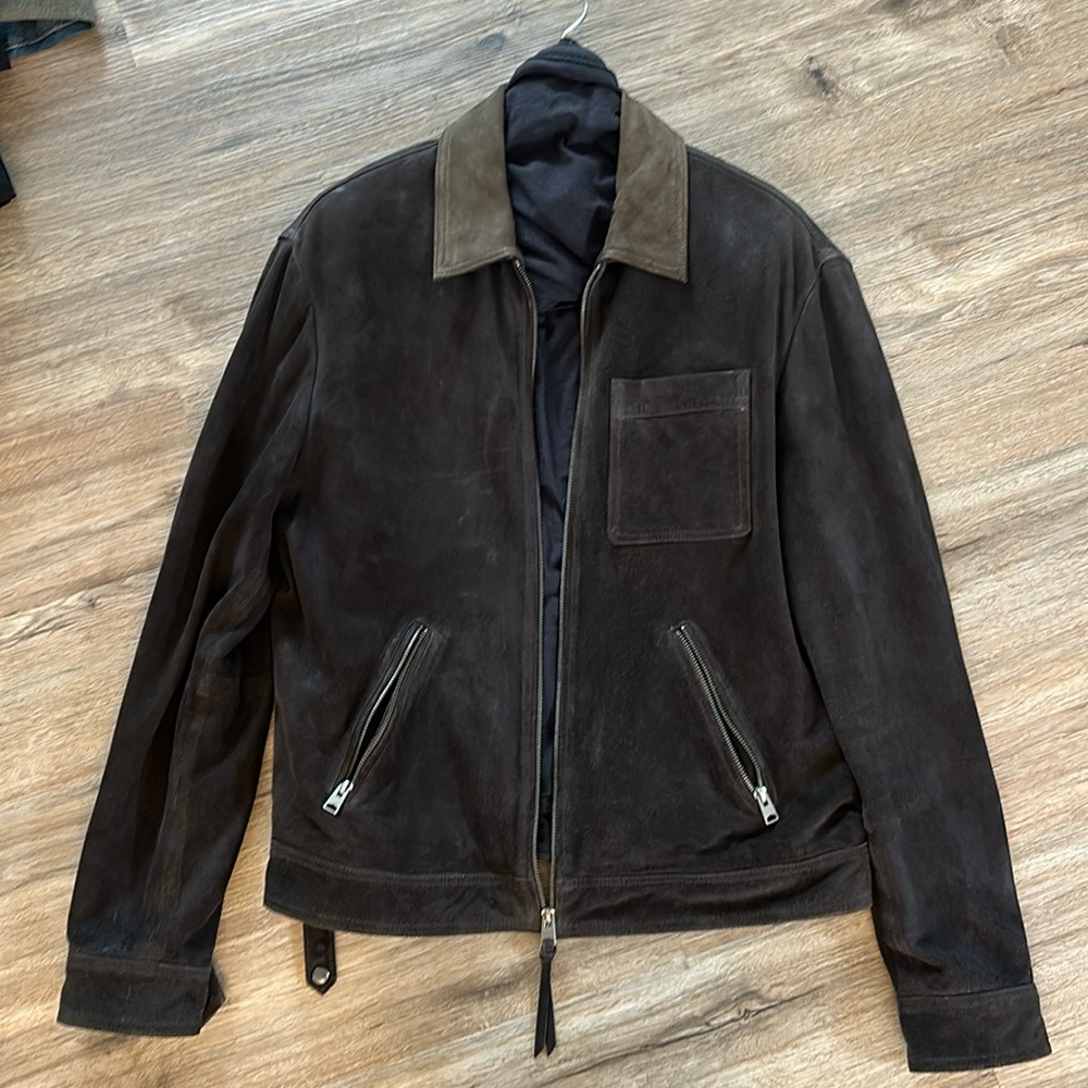 AllSaints Suede Zip Jacket with Contrast Collar